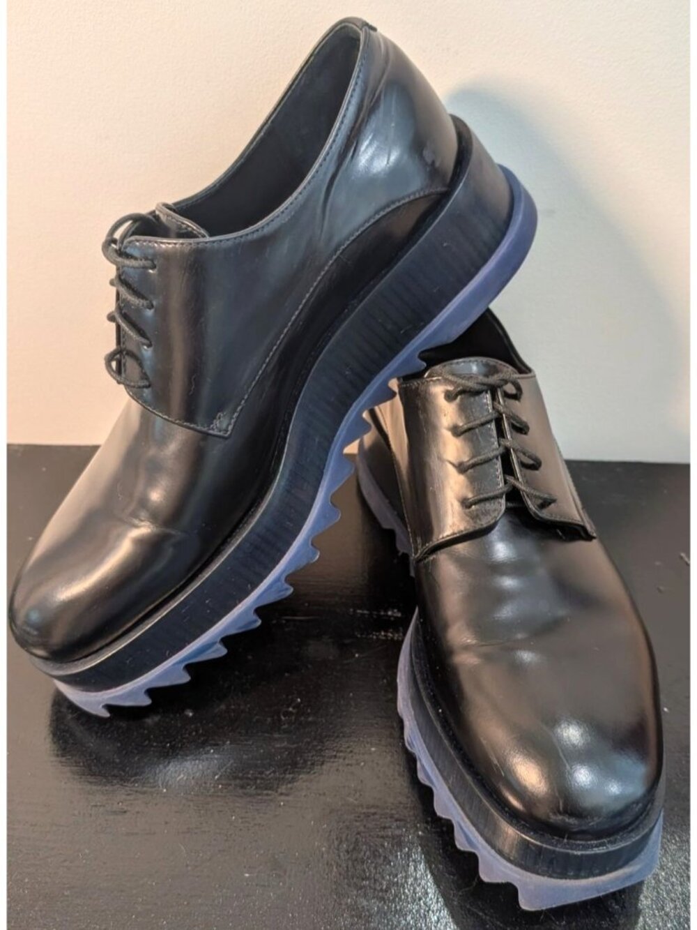Jil Sander Leather Platform Derby Shoe, Black & Blue, Size US 7/37